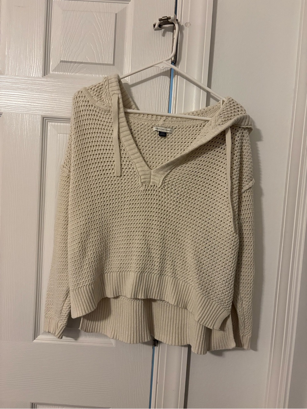 Cream Hooded V-Neck Knit Sweater with Hood